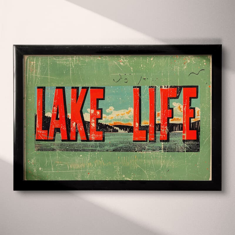 Full frame view of A vintage linocut print, the words "LAKE LIFE" with a lake vista