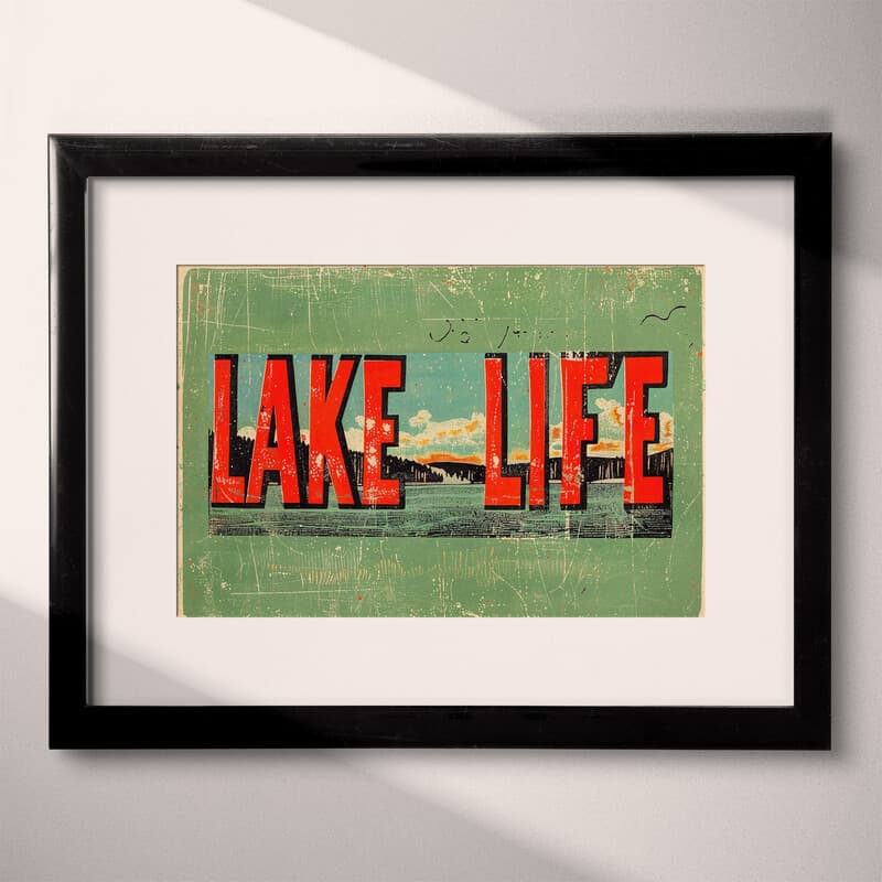 Matted frame view of A vintage linocut print, the words "LAKE LIFE" with a lake vista