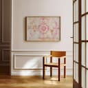 Room view with a full frame of A rustic textile print, intricate floral pattern