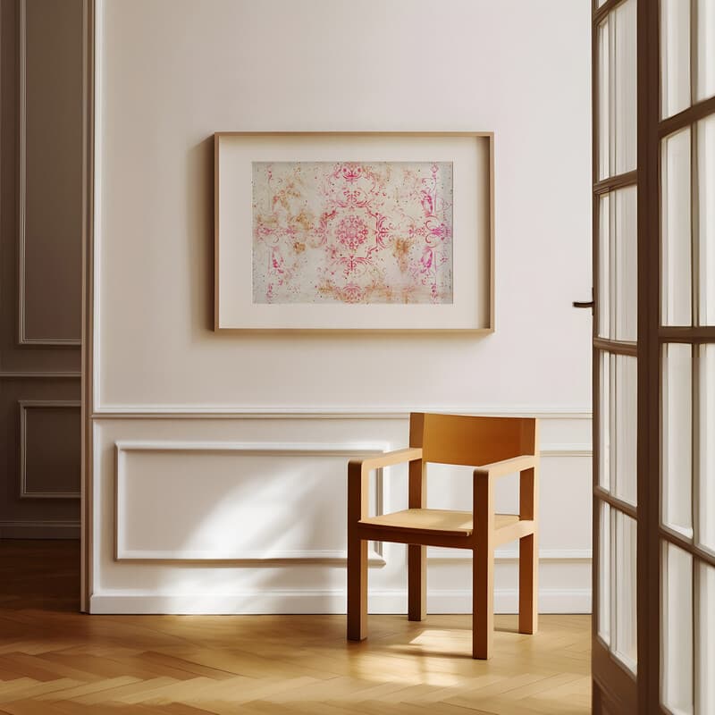 Room view with a matted frame of A rustic textile print, intricate floral pattern