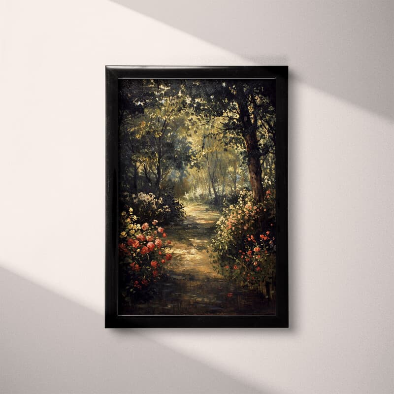 Full frame view of A french country oil painting, a flower garden and blooming trees