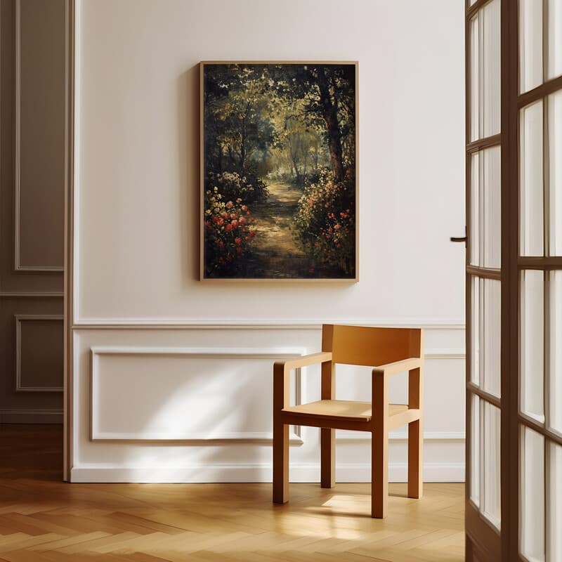 Room view with a full frame of A french country oil painting, a flower garden and blooming trees