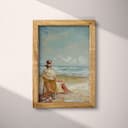 Full frame view of A vintage oil painting, a woman on a beach chair, distant view