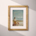 Matted frame view of A vintage oil painting, a woman on a beach chair, distant view