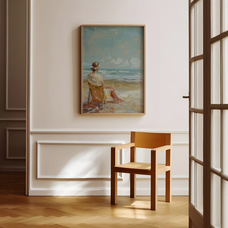 Room view with a full frame of A vintage oil painting, a woman on a beach chair, distant view