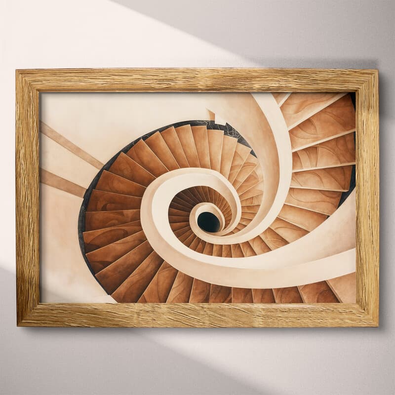 Full frame view of An art deco pastel pencil illustration, a spiral staircase, top-down view