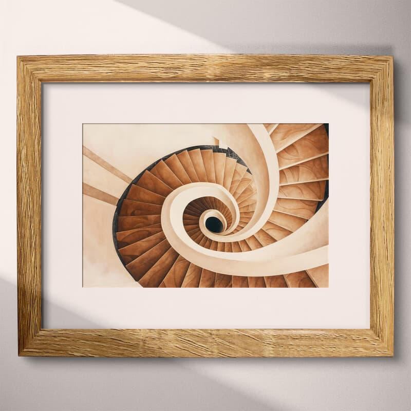 Matted frame view of An art deco pastel pencil illustration, a spiral staircase, top-down view