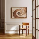 Room view with a full frame of An art deco pastel pencil illustration, a spiral staircase, top-down view