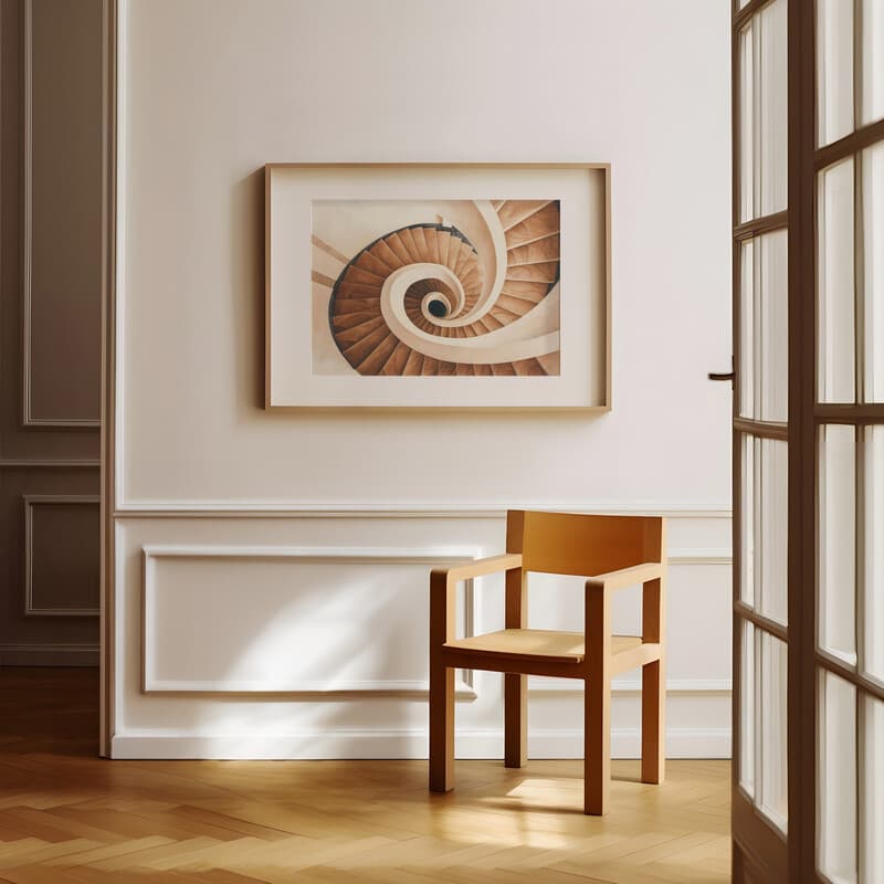 Room view with a matted frame of An art deco pastel pencil illustration, a spiral staircase, top-down view