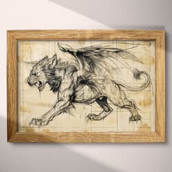 Mythical Creature Art | Fantasy Wall Art | Beige, Black, Brown and Gray Print | Vintage Decor | Living Room Wall Decor | Halloween Digital Download | Autumn Art | Graphite Sketch