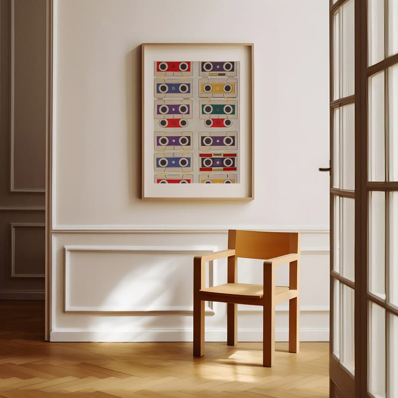 Room view with a matted frame of A retro textile print, symmetric pattern of mixtapes