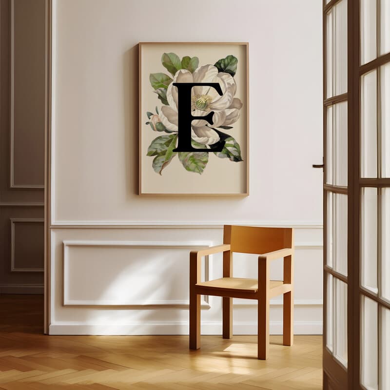 Room view with a full frame of A vintage pastel pencil illustration, the letter "E" with a flower