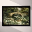 Full frame view of An impressionist oil painting, white water lilies under a bridge, green trees