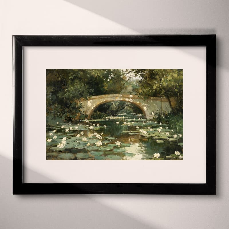 Matted frame view of An impressionist oil painting, white water lilies under a bridge, green trees