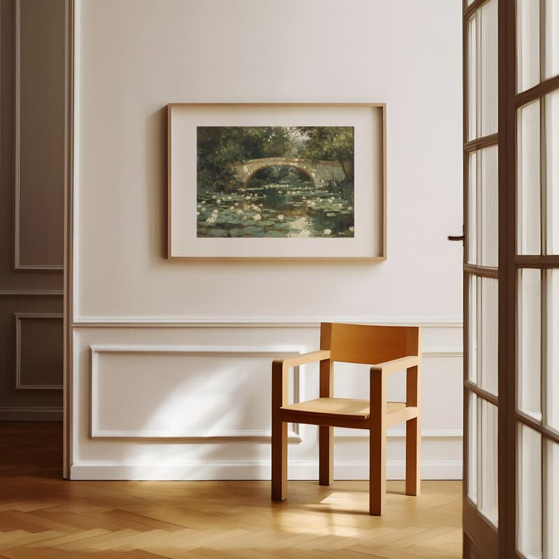 Room view with a matted frame of An impressionist oil painting, white water lilies under a bridge, green trees