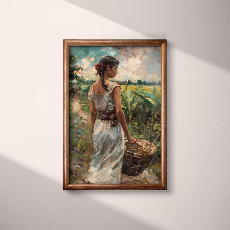 Full frame view of A puerto rican oil painting, a woman carrying a basket on a farm