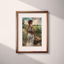 Matted frame view of A puerto rican oil painting, a woman carrying a basket on a farm