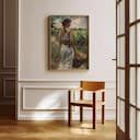 Room view with a full frame of A puerto rican oil painting, a woman carrying a basket on a farm