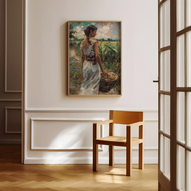 Room view with a full frame of A puerto rican oil painting, a woman carrying a basket on a farm