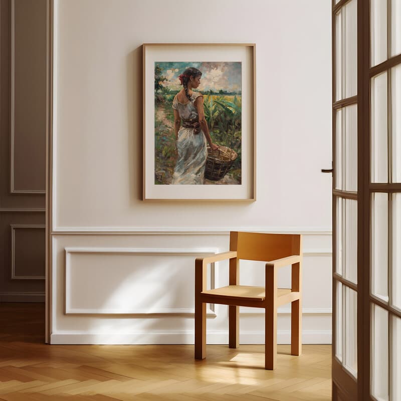 Room view with a matted frame of A puerto rican oil painting, a woman carrying a basket on a farm