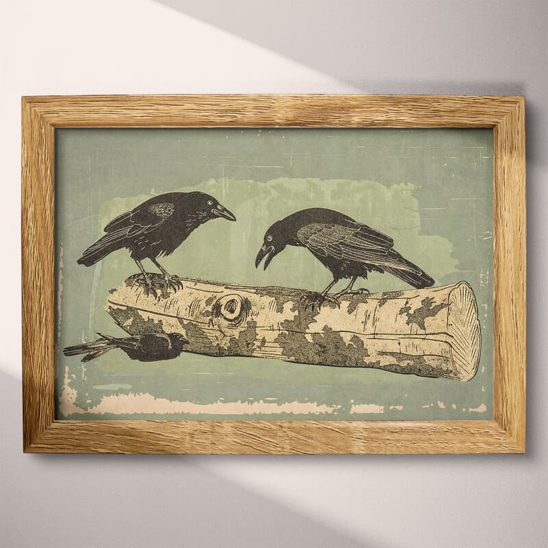 Full frame view of A vintage letterpress print, crows on a log