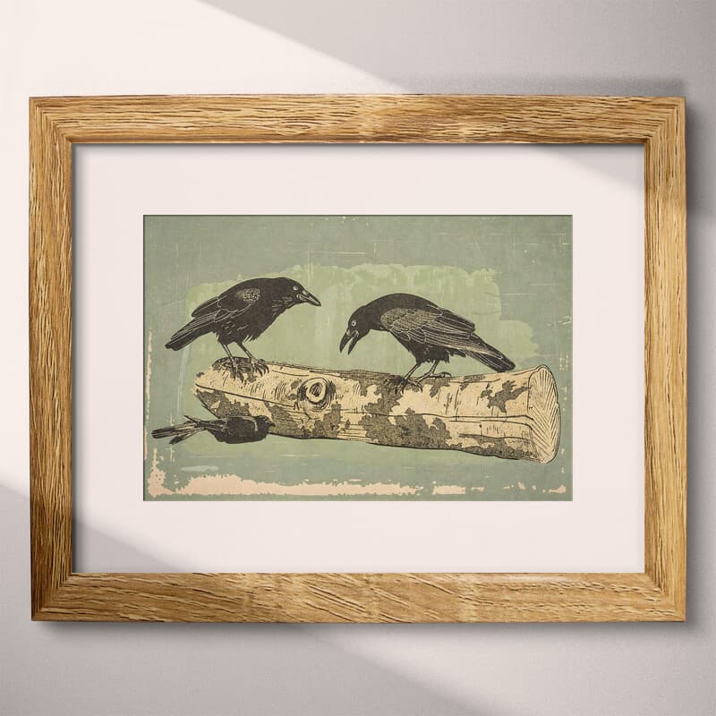 Matted frame view of A vintage letterpress print, crows on a log