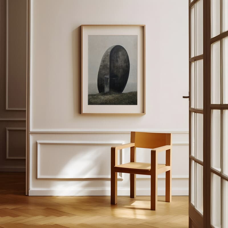 Room view with a matted frame of An abstract vintage oil painting, an exaggerated shape and lines