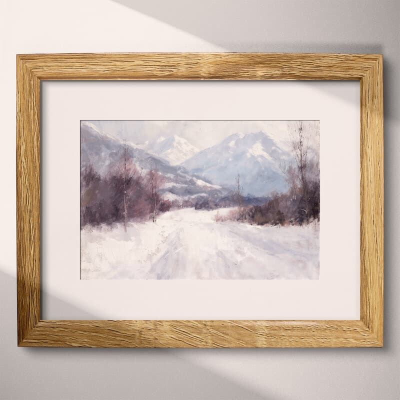 Matted frame view of An impressionist oil painting, snowy mountain scene