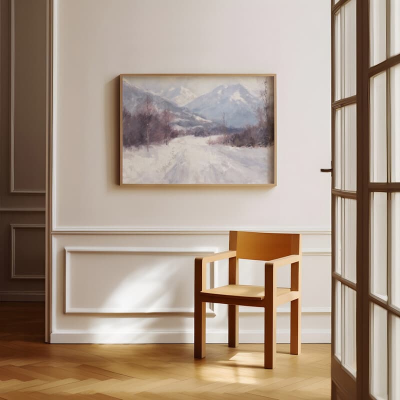 Room view with a full frame of An impressionist oil painting, snowy mountain scene