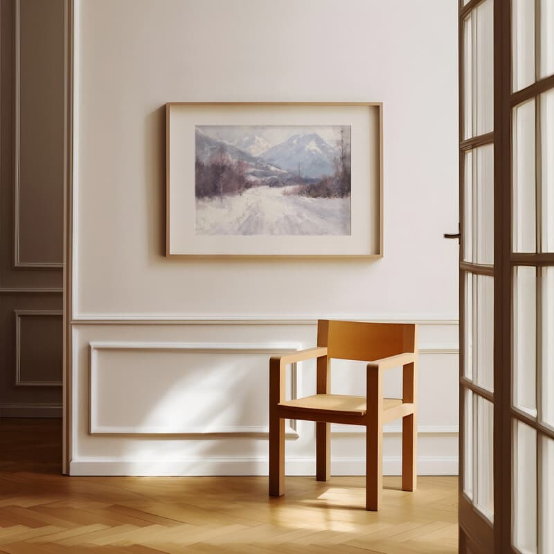 Room view with a matted frame of An impressionist oil painting, snowy mountain scene