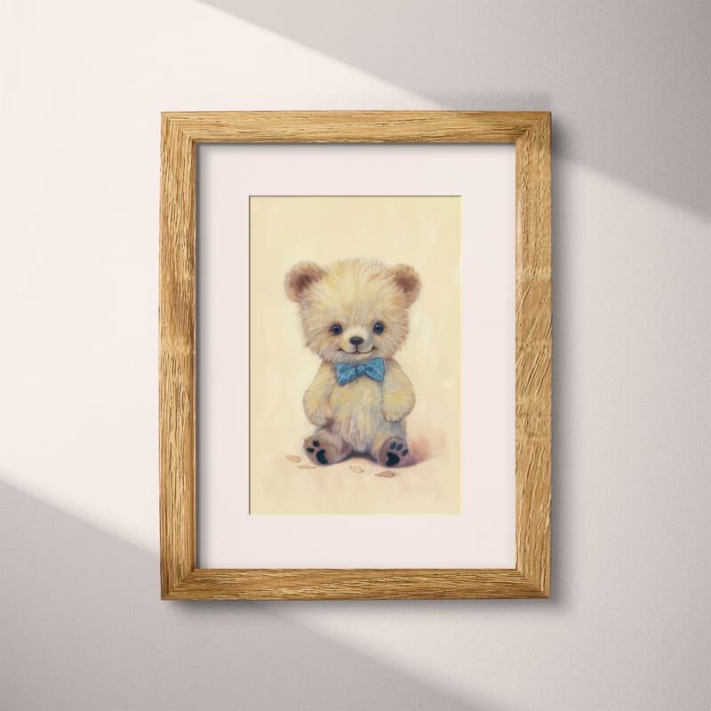 Matted frame view of A cute chibi anime pastel pencil illustration, a teddy bear with a blue bow tie