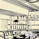 Closeup view of A mid-century ink sketch, a diner