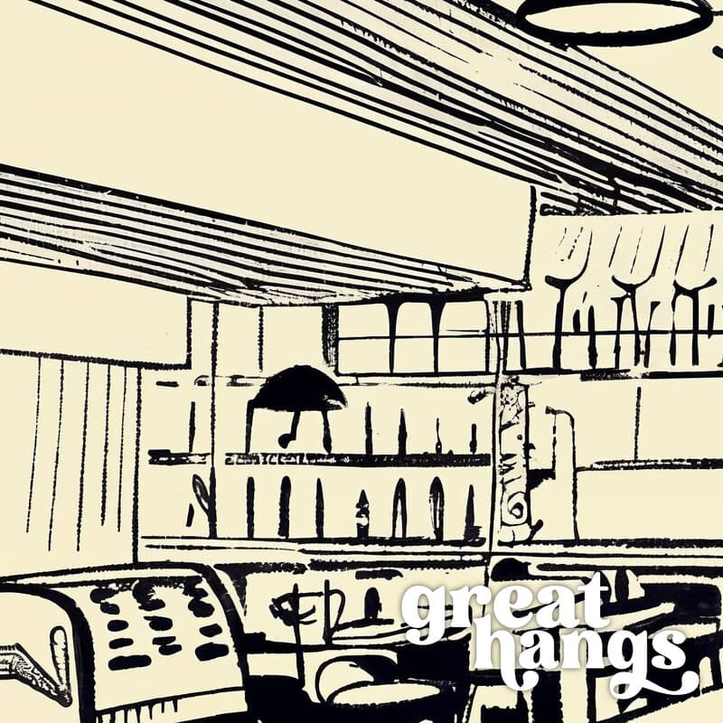 Closeup view of A mid-century ink sketch, a diner