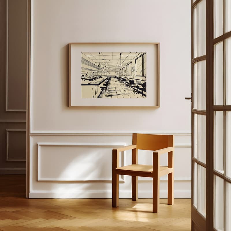 Room view with a matted frame of A mid-century ink sketch, a diner