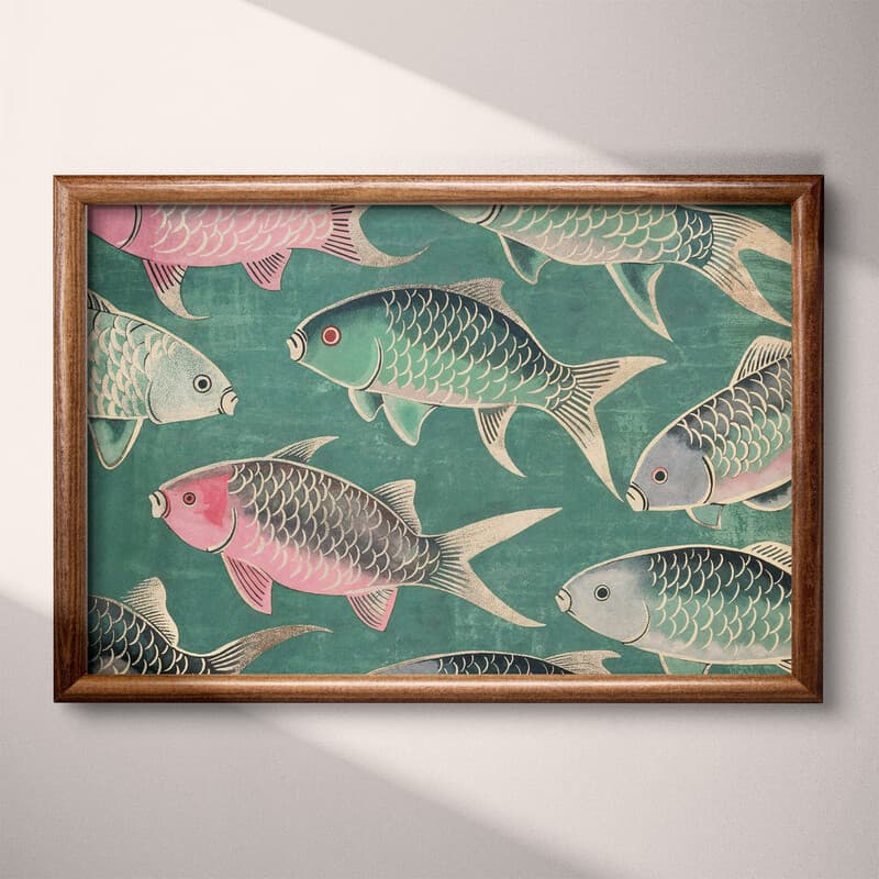 Full frame view of A retro textile print, pattern of fish