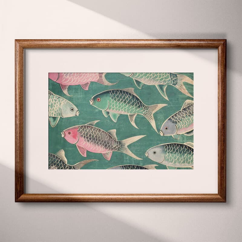 Matted frame view of A retro textile print, pattern of fish