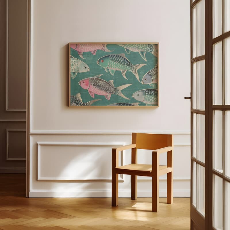 Room view with a full frame of A retro textile print, pattern of fish