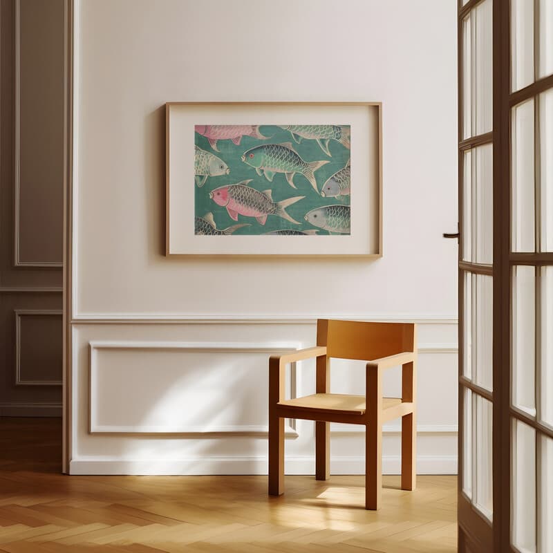 Room view with a matted frame of A retro textile print, pattern of fish