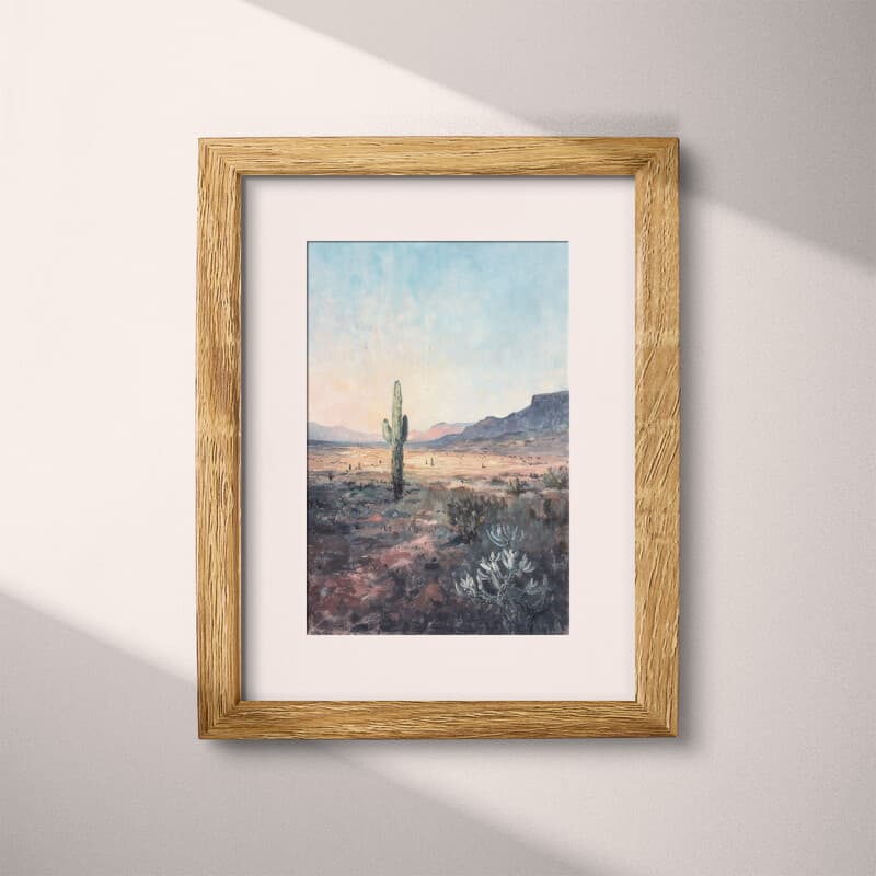 Matted frame view of An impressionist oil painting, desert plain, cacti in the distance