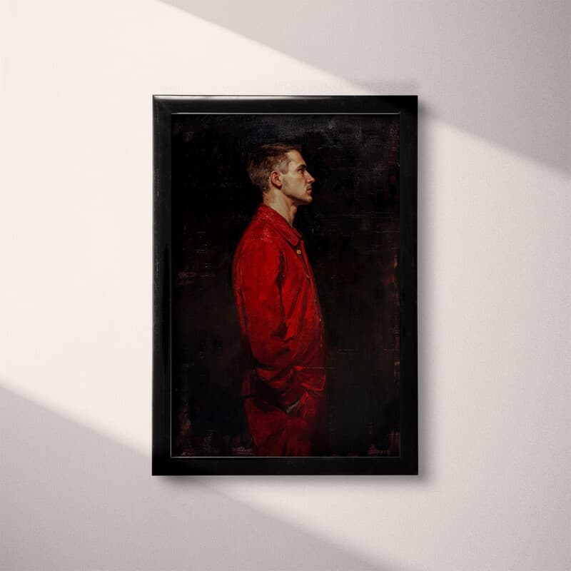 Full frame view of A vintage oil painting, man in a red suit, side view