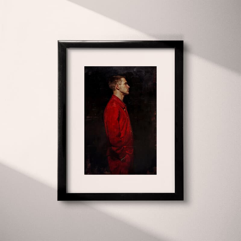 Matted frame view of A vintage oil painting, man in a red suit, side view