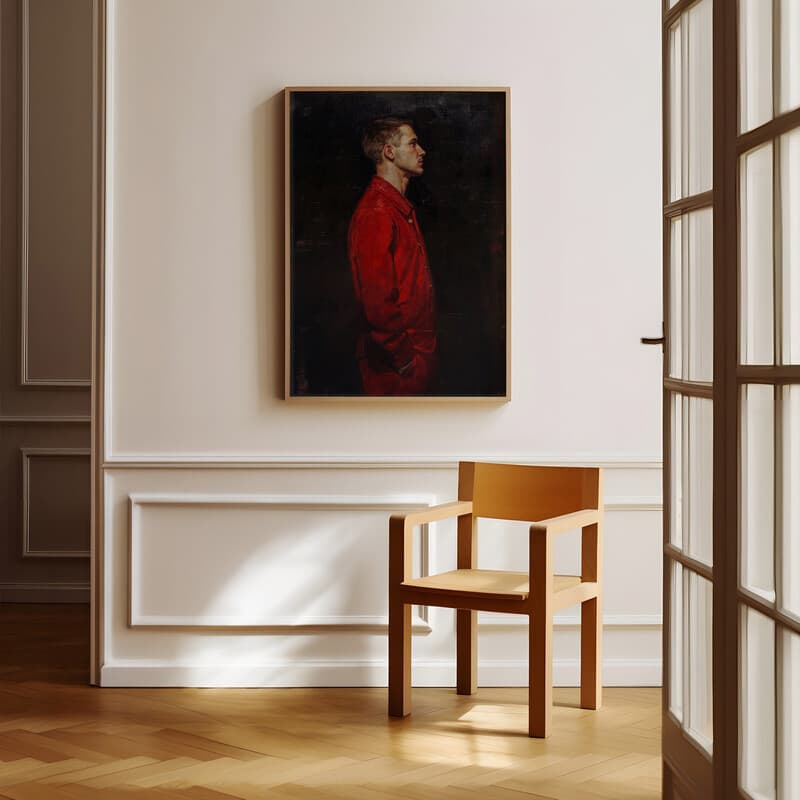 Room view with a full frame of A vintage oil painting, man in a red suit, side view