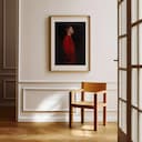 Room view with a matted frame of A vintage oil painting, man in a red suit, side view