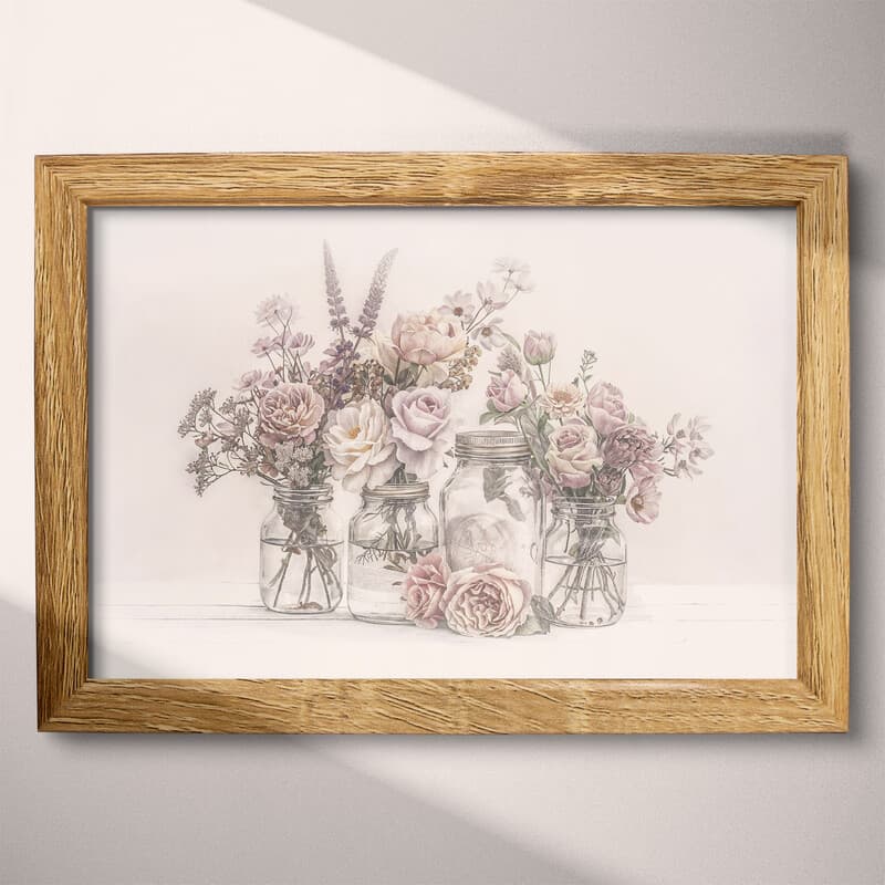 Full frame view of A rustic pastel pencil illustration, flowers in glass jars