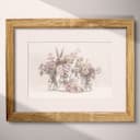 Matted frame view of A rustic pastel pencil illustration, flowers in glass jars