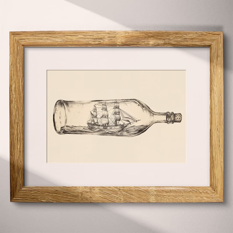 Matted frame view of A vintage pencil sketch, a ship in a bottle