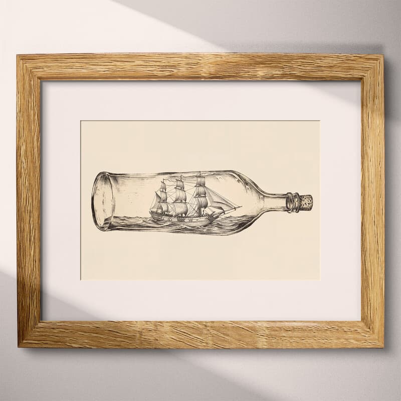 Matted frame view of A vintage pencil sketch, a ship in a bottle