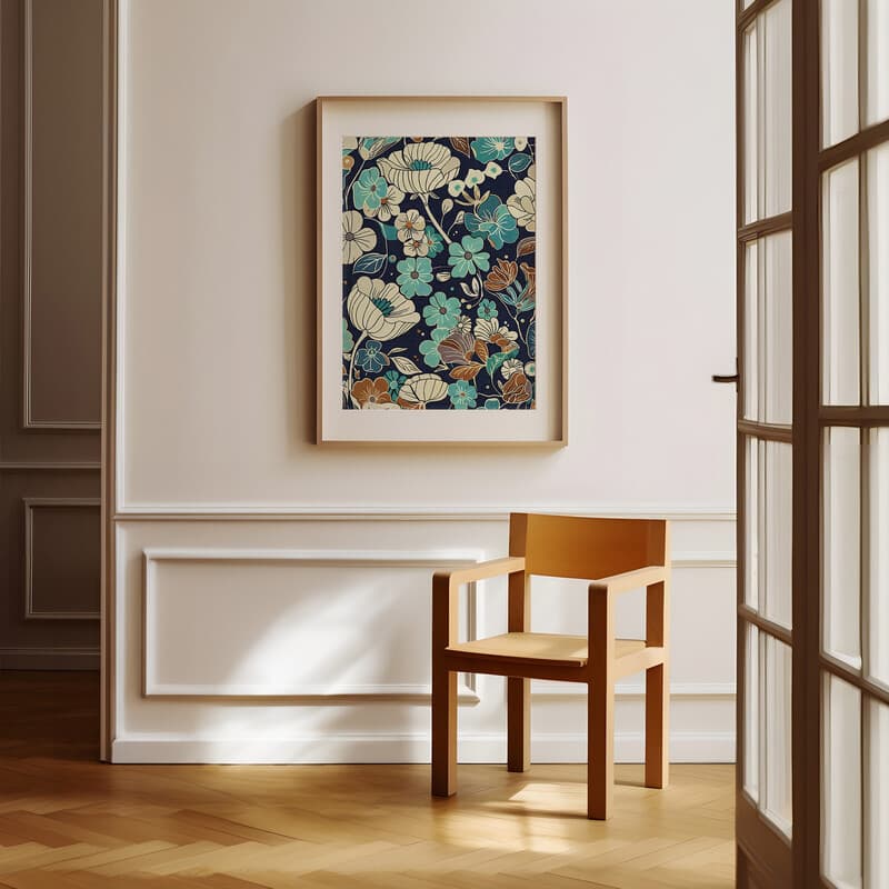 Room view with a matted frame of A vintage textile print, floral pattern