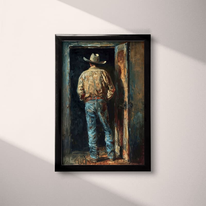 Full frame view of A vintage oil painting, a cowboy standing at a doorway, back view