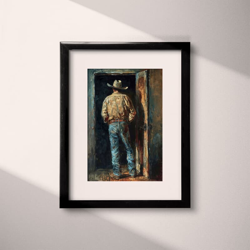 Matted frame view of A vintage oil painting, a cowboy standing at a doorway, back view